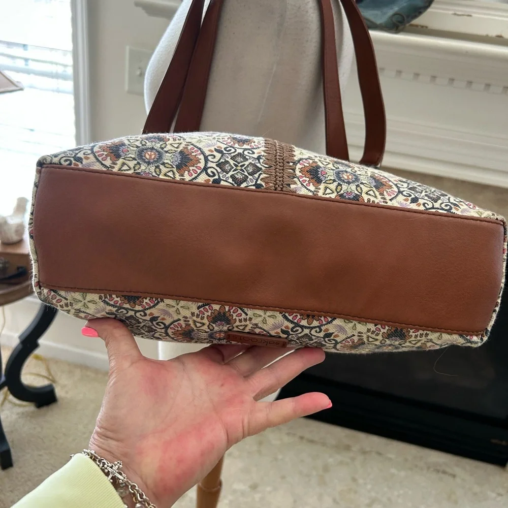 Sakroots Atlas Hobo Mosaic Cambria Print Hobo Bag with Brown Leather Straps